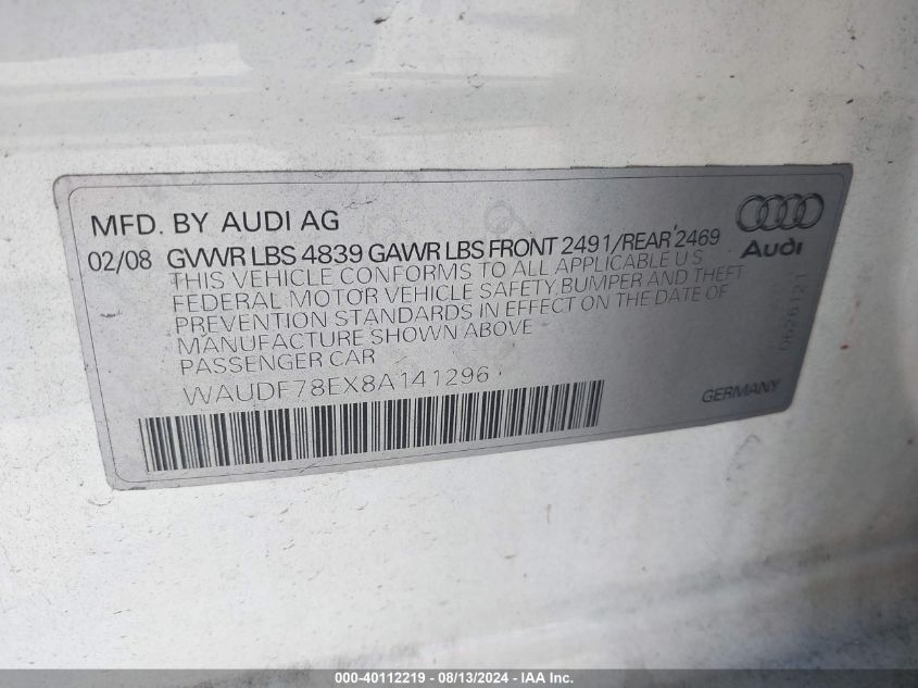 2008 Audi A4 2.0T/2.0T Special Edition VIN: WAUDF78EX8A141296 Lot: 40112219