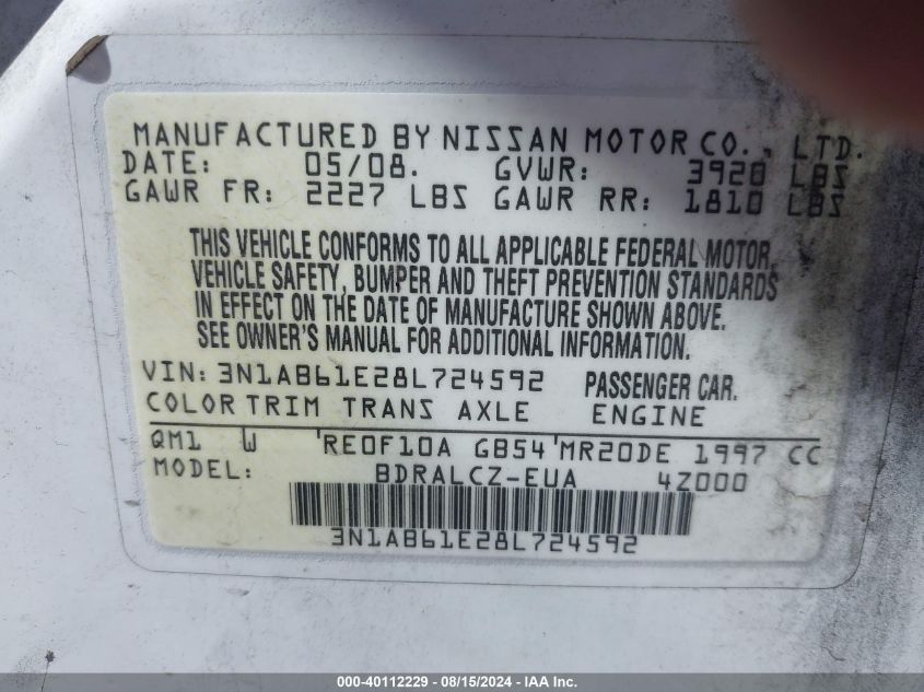 2008 Nissan Sentra 2.0/2.0S/2.0Sl VIN: 3N1AB61E28L724592 Lot: 40112229