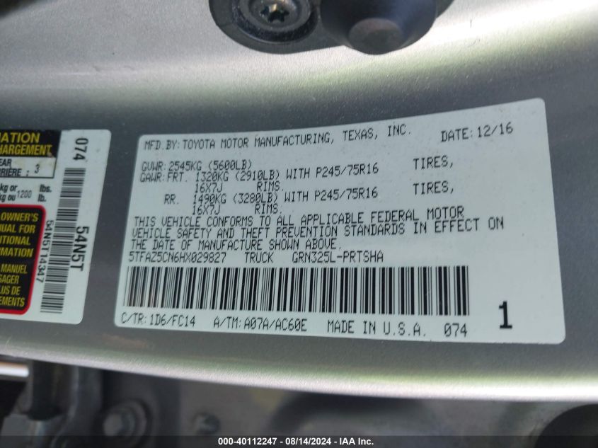 2017 Toyota Tacoma Sr5 V6 VIN: 5TFAZ5CN6HX029827 Lot: 40112247