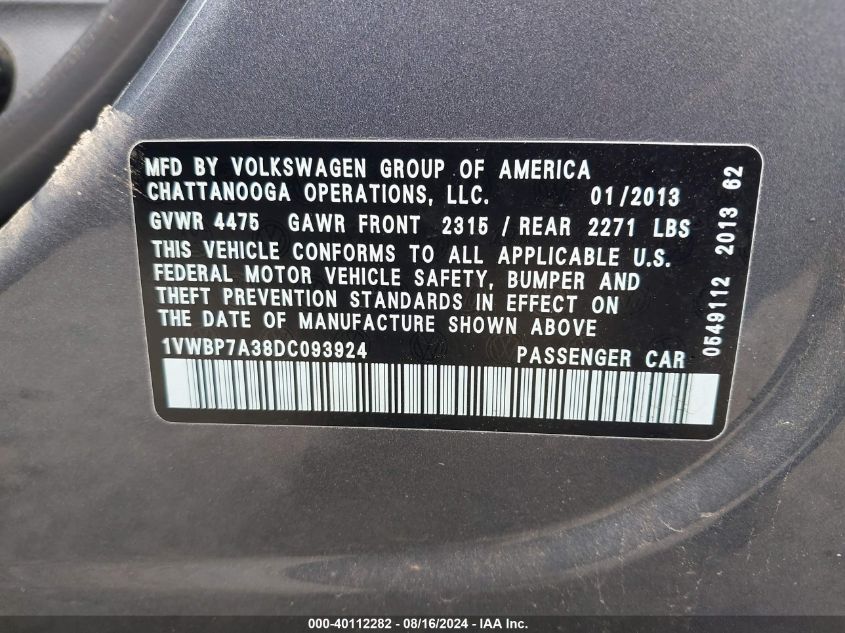 2013 Volkswagen Passat Se VIN: 1VWBP7A38DC093924 Lot: 40112282