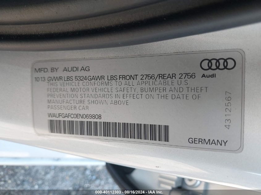 2014 Audi A6 Premium Plus VIN: WAUFGAFC0EN069808 Lot: 40112303