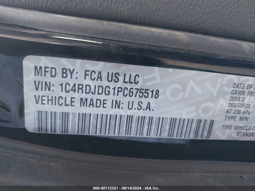 2023 Dodge Durango Gt Awd VIN: 1C4RDJDG1PC675518 Lot: 40112321