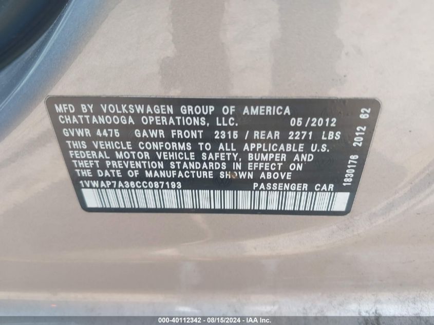 2012 Volkswagen Passat 2.5L S VIN: 1VWAP7A36CC087193 Lot: 40112342