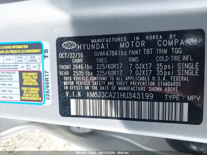 2017 Hyundai Tucson Eco VIN: KM8J3CA21HU343199 Lot: 40112352