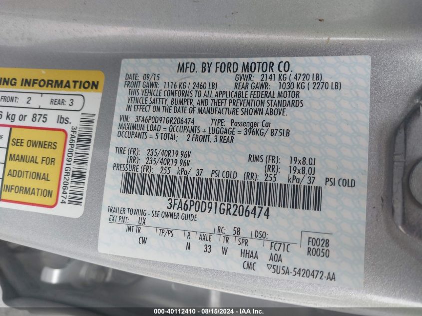 2016 FORD FUSION TITANIUM - 3FA6P0D91GR206474