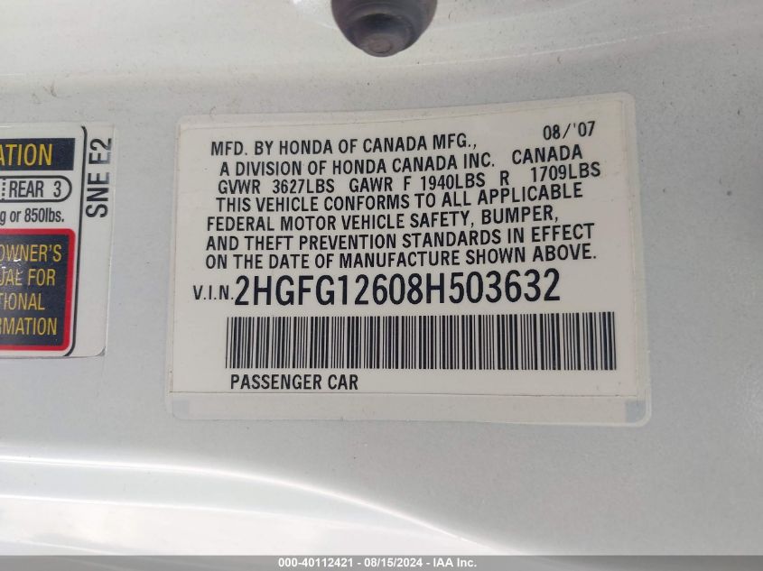 2008 Honda Civic Lx VIN: 2HGFG12608H503632 Lot: 40112421