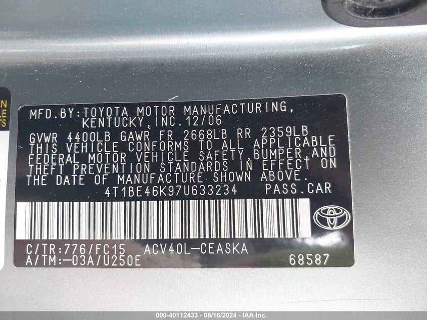 2007 Toyota Camry Se VIN: 4T1BE46K97U633234 Lot: 40112433