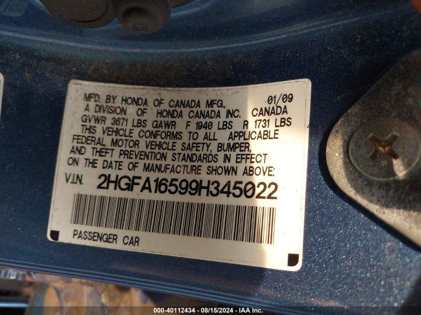 2009 Honda Civic Lx VIN: 2HGFA16599H345022 Lot: 40112434