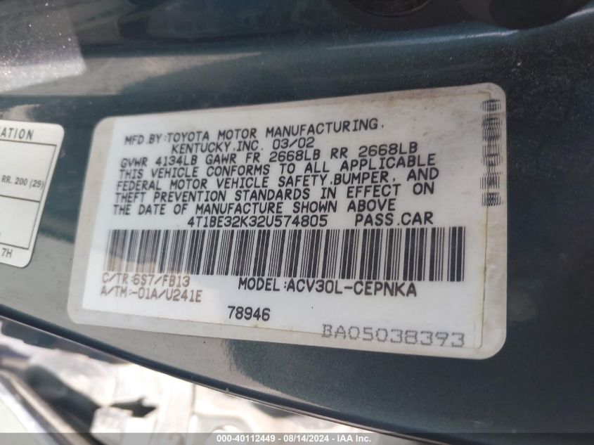 4T1BE32K32U574805 2002 Toyota Camry Le