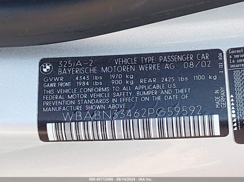 2002 BMW 325Ci Ci VIN: WBABN33462PG59592 Lot: 40112458