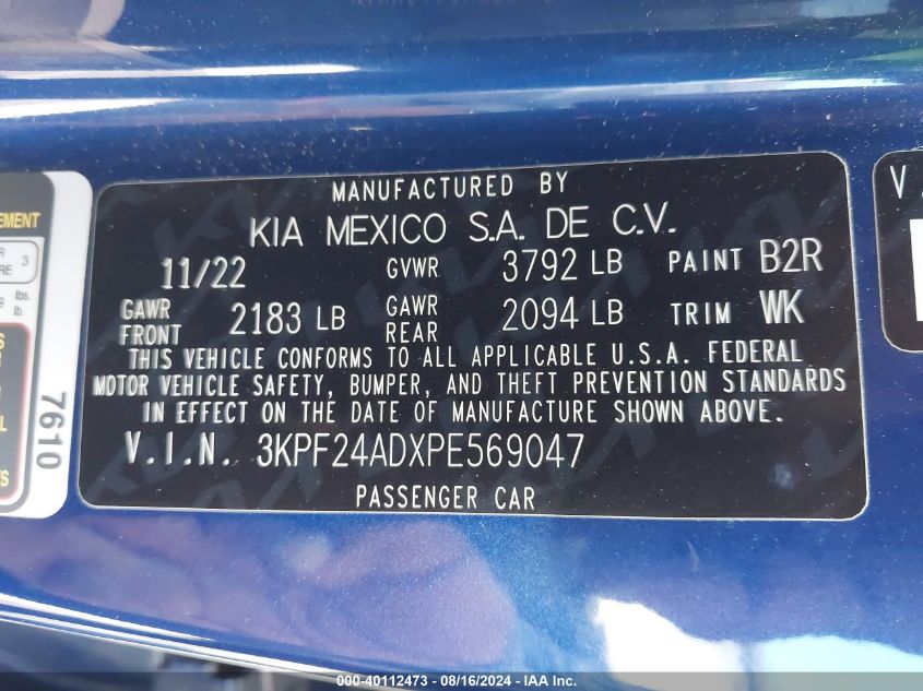 2023 Kia Forte Lx/Lxs VIN: 3KPF24ADXPE569047 Lot: 40112473