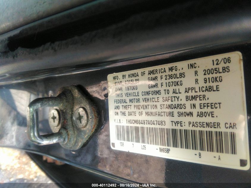 1HGCM66497A047483 2007 Honda Accord 3.0 Se