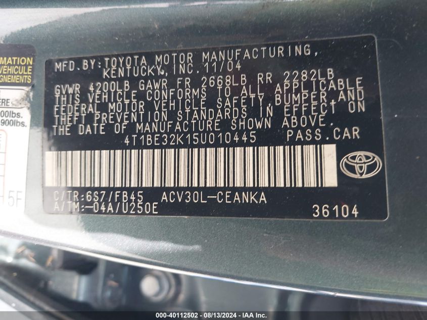 2005 Toyota Camry Le VIN: 4T1BE32K15U010445 Lot: 40112502