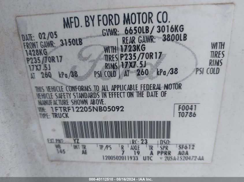 1FTRF12205NB05092 2005 Ford F-150 Stx/Xl/Xlt