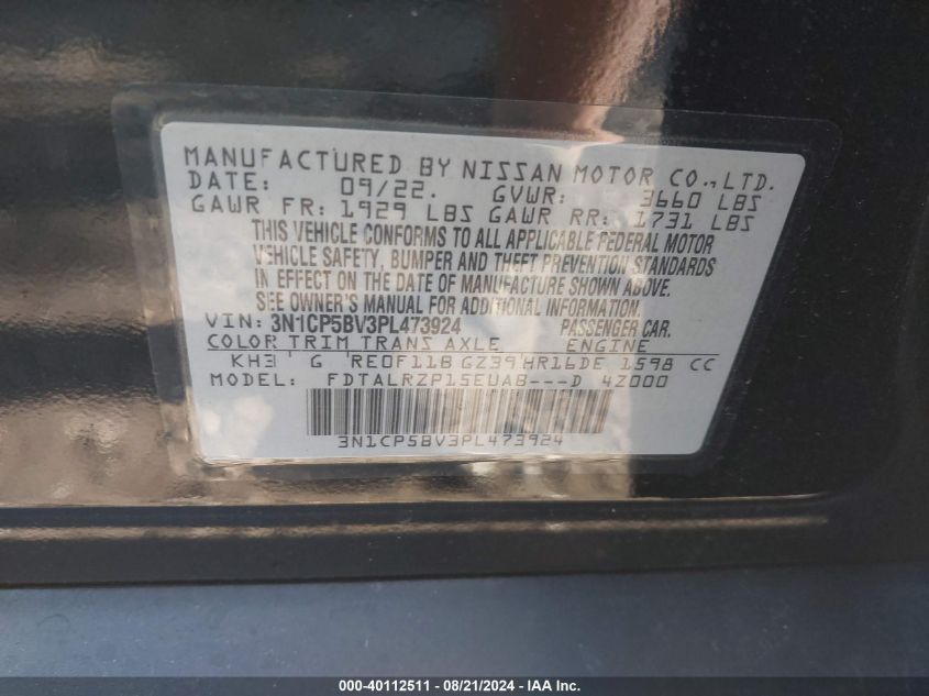 2023 Nissan Kicks S Xtronic Cvt VIN: 3N1CP5BV3PL473924 Lot: 40112511