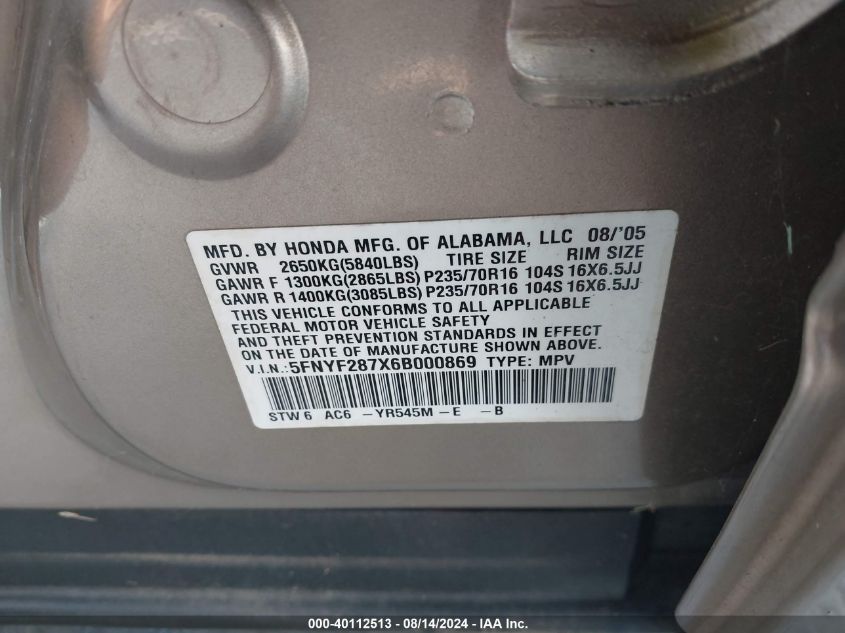 2006 Honda Pilot Ex-L VIN: 5FNYF287X6B000869 Lot: 40112513