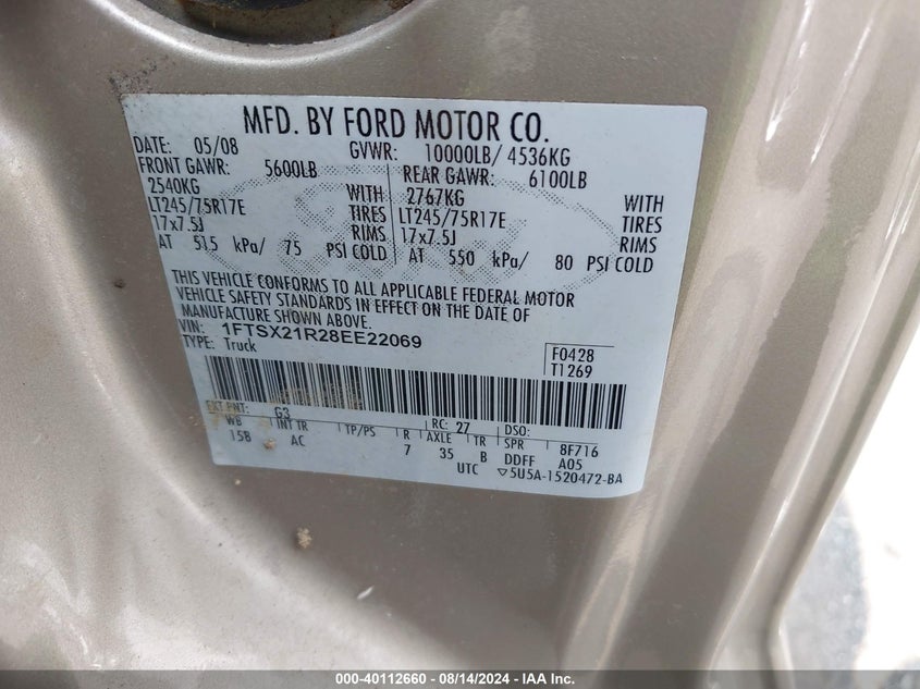 2008 Ford F-250 VIN: 1FTSX21R28EE22069 Lot: 40112660