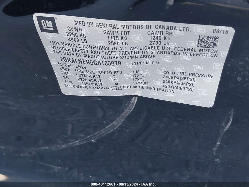 2016 GMC Terrain Sle-2 VIN: 2GKALNEK5G6105979 Lot: 40112661