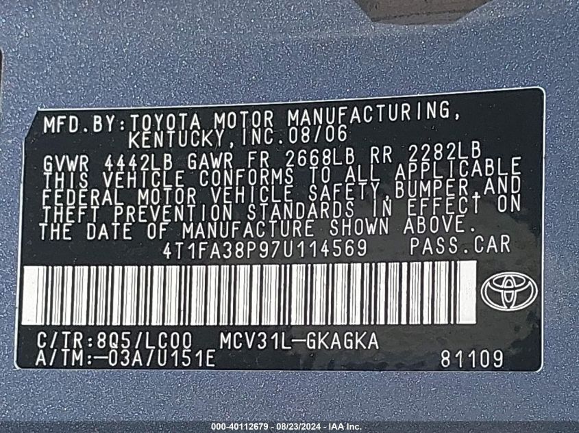 4T1FA38P97U114569 2007 Toyota Camry Solara Sle