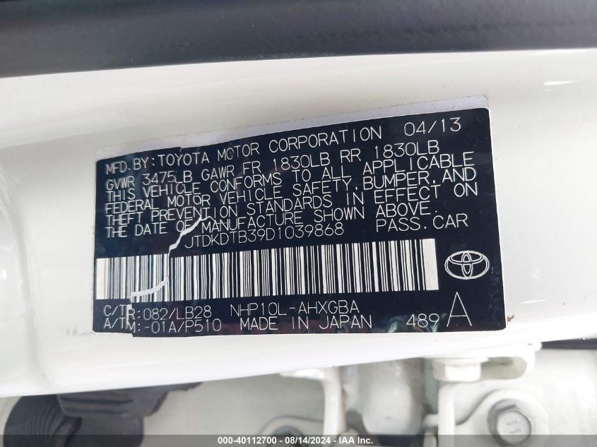 JTDKDTB39D1039868 2013 Toyota Prius C Four