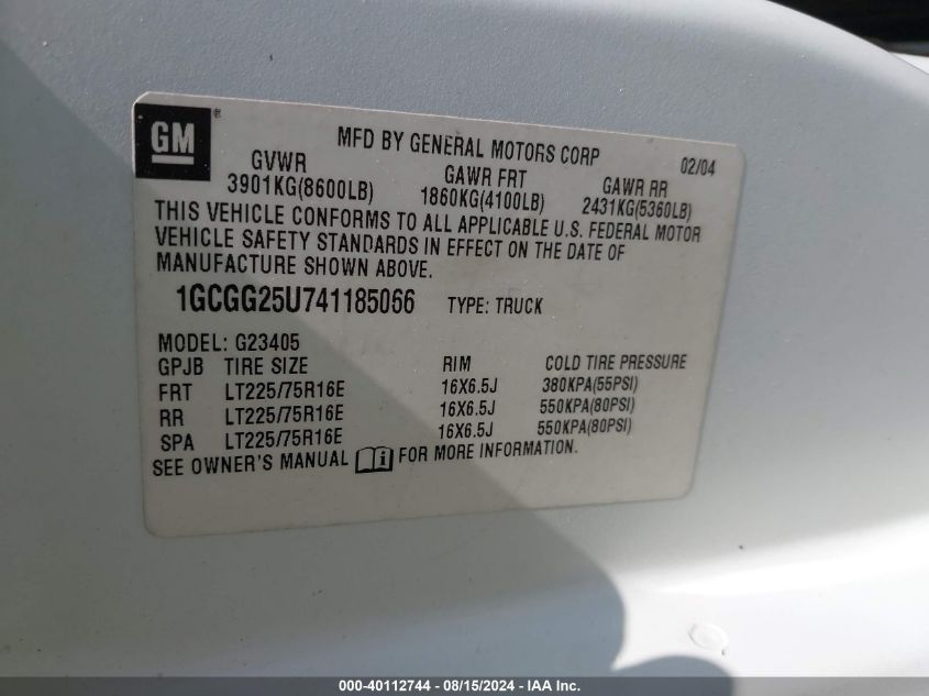 2004 Chevrolet Express Upfitter VIN: 1GCGG25U741185066 Lot: 40112744