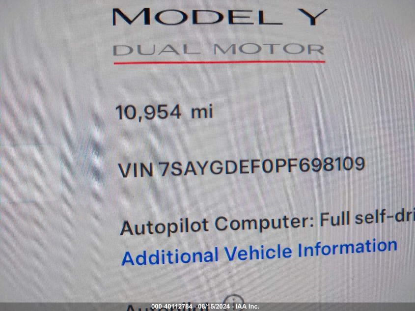 2023 Tesla Model Y Awd/Performance Dual Motor All-Wheel Drive VIN: 7SAYGDEF0PF698109 Lot: 40112784