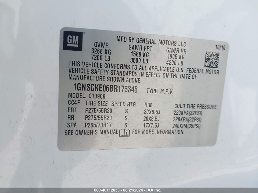 2011 Chevrolet Suburban 1500 Ltz VIN: 1GNSCKE06BR175346 Lot: 40112833