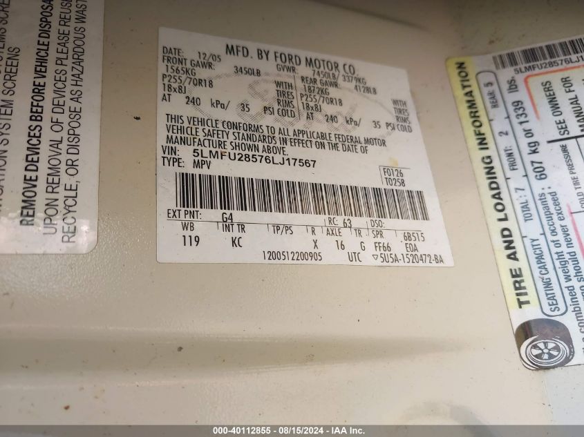 2006 Lincoln Navigator VIN: 5LMFU28576LJ17567 Lot: 40112855