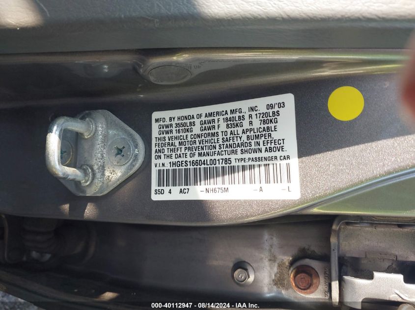 2004 Honda Civic Lx VIN: 1HGES16604L001785 Lot: 40112947