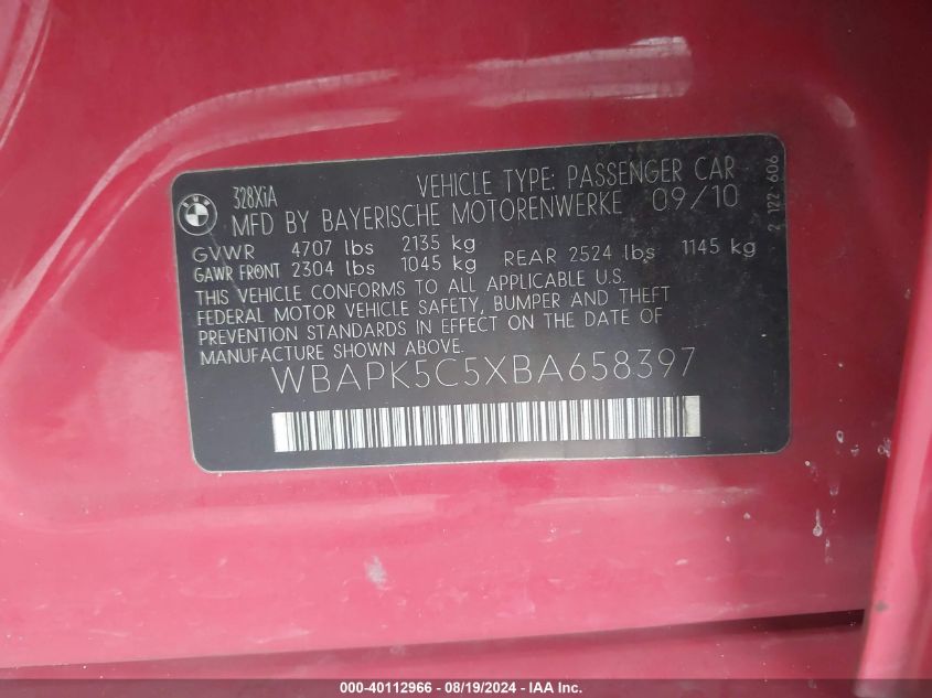 2011 BMW 328I xDrive VIN: WBAPK5C5XBA658397 Lot: 40112966