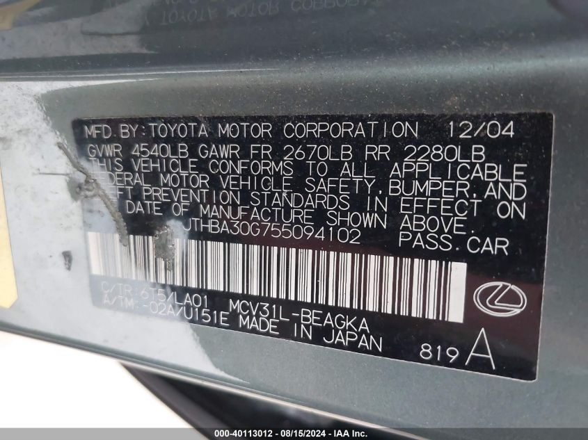 2005 Lexus Es 330 VIN: JTHBA30G755094102 Lot: 40113012