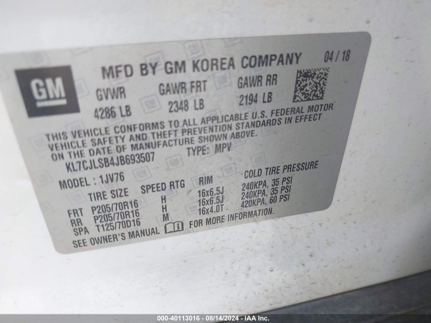 2018 Chevrolet Trax Lt VIN: KL7CJLSB4JB693507 Lot: 40113016