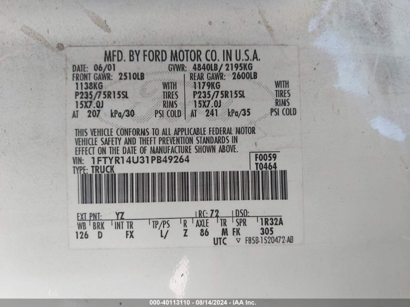 2001 Ford Ranger Edge/Xl/Xlt VIN: 1FTYR14U31PB49264 Lot: 40113110