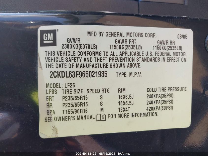 2006 Pontiac Torrent VIN: 2CKDL63F966021935 Lot: 40113139