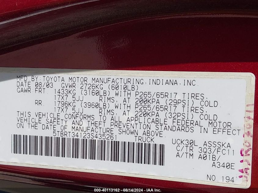2003 Toyota Tundra Sr5 V8 VIN: 5TBRT34123S435261 Lot: 40113162