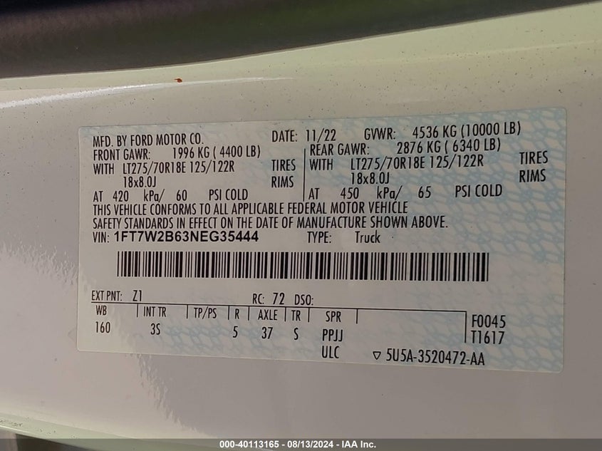 2022 Ford F-250 Xlt VIN: 1FT7W2B63NEG35444 Lot: 40113165