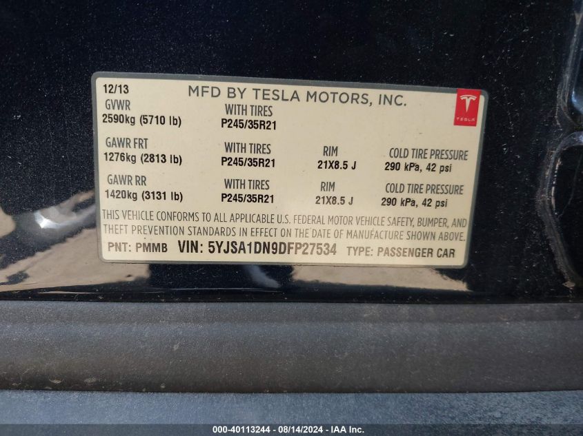 2013 Tesla Model S VIN: 5YJSA1DN9DFP27534 Lot: 40113244