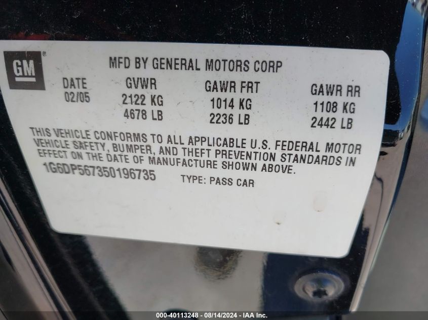 2005 Cadillac Cts Standard VIN: 1G6DP567350196735 Lot: 40113248