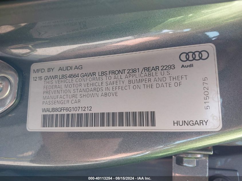 WAUB8GFF6G1071212 2016 Audi A3 2.0T Premium