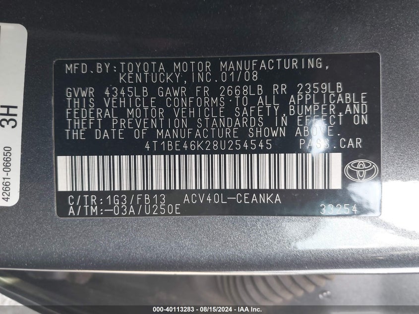 2008 Toyota Camry Le VIN: 4T1BE46K28U254545 Lot: 40113283