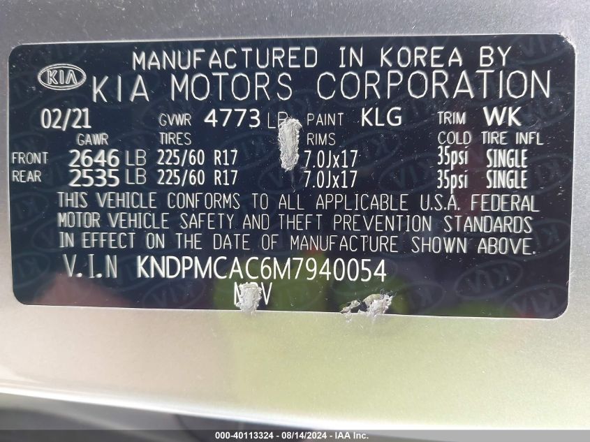 2021 Kia Sportage Lx VIN: KNDPMCAC6M7940054 Lot: 40113324