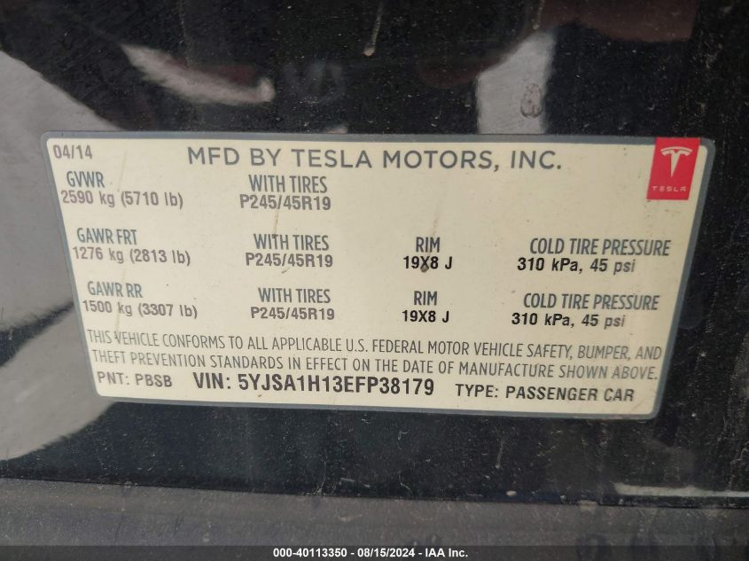 2014 Tesla Model S P85 VIN: 5YJSA1H13EFP38179 Lot: 40113350