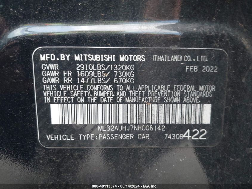 2022 Mitsubishi Mirage Es/Le VIN: ML32AUHJ7NH006142 Lot: 40113374