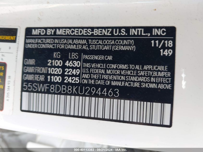 VIN 55SWF8DB8KU294463 2019 MERCEDES-BENZ C 300 no.9