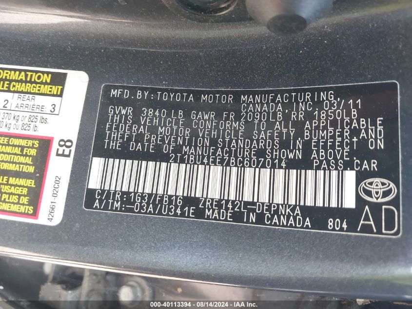 2011 Toyota Corolla Le VIN: 2T1BU4EE7BC607014 Lot: 40113394