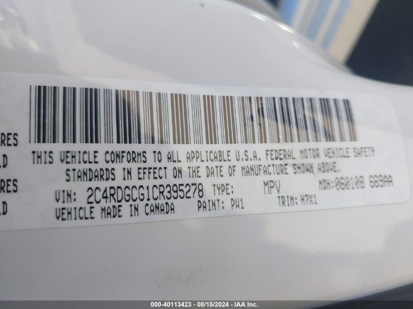2012 Dodge Grand Caravan Sxt VIN: 2C4RDGCG1CR395278 Lot: 40113423