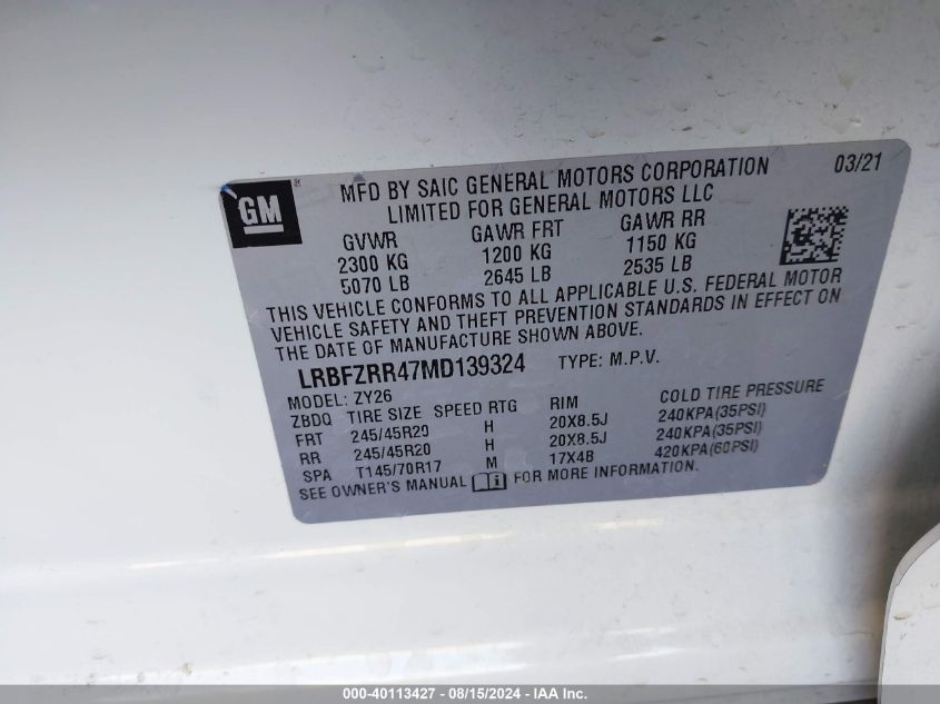 2021 Buick Envision Fwd Avenir VIN: LRBFZRR47MD139324 Lot: 40113427