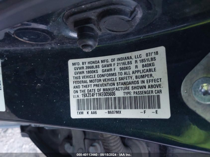 19XZE4F11KE005606 2019 Honda Insight Lx