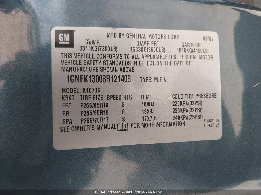 2008 Chevrolet Tahoe Lt VIN: 1GNFK13008R121406 Lot: 40113441