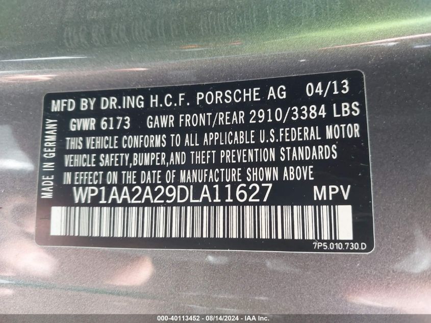 2013 Porsche Cayenne VIN: WP1AA2A29DLA11627 Lot: 40113452